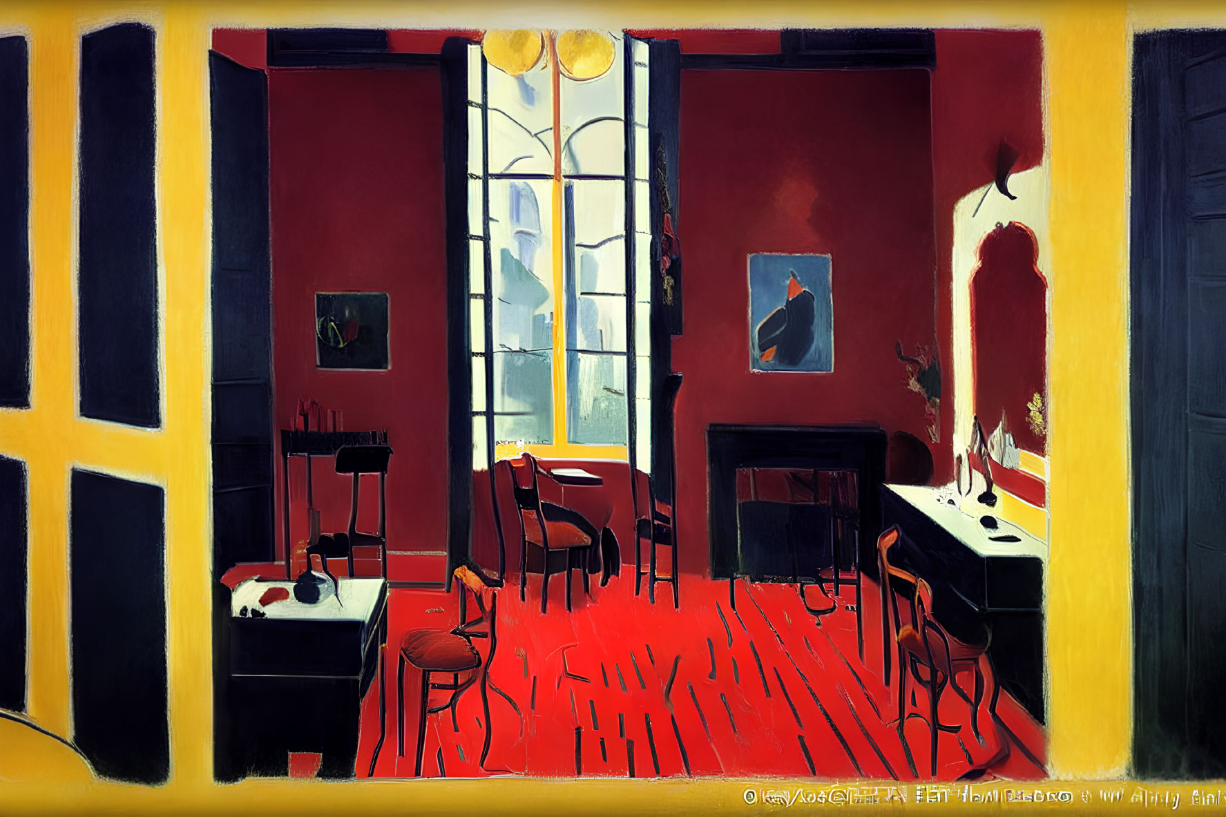 Stylized red room with black and yellow border, dining furniture, artworks, and open window.