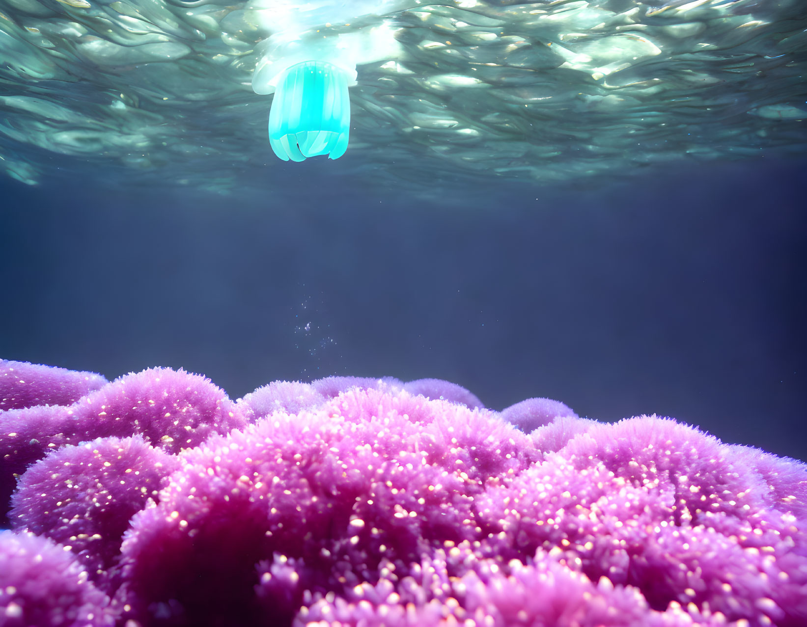 Translucent blue jellyfish above vibrant purple coral reef