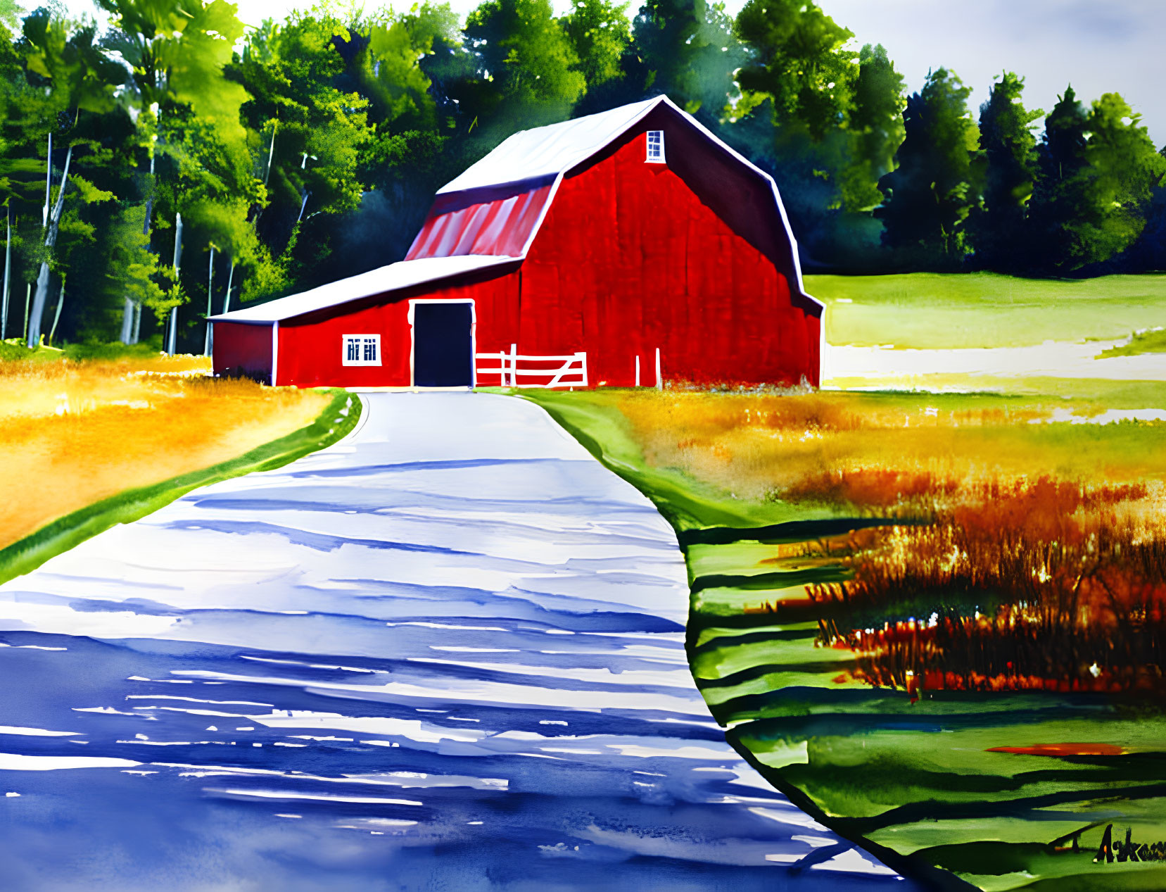 Colorful Watercolor Painting of Red Barn, White Fence, and Curving Road