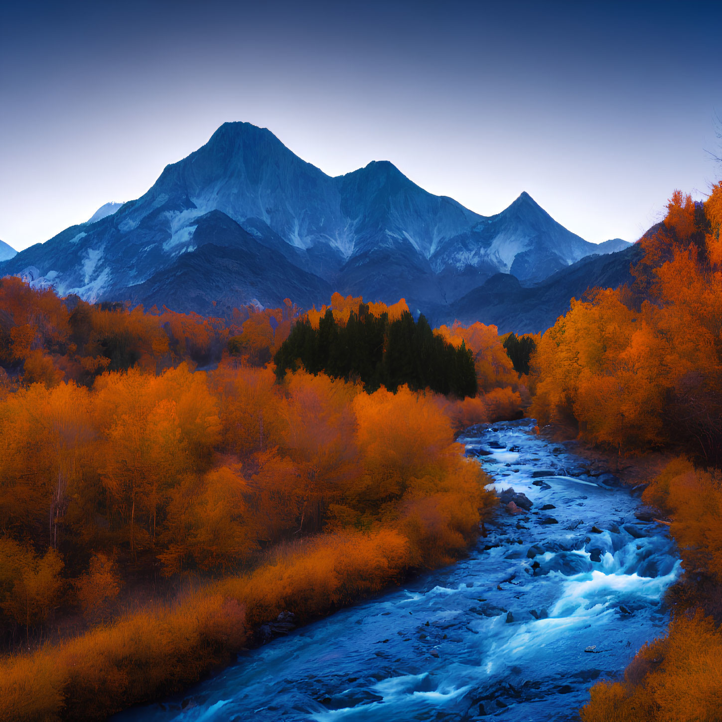 Scenic autumn landscape with orange foliage, blue river, and snow-capped mountains