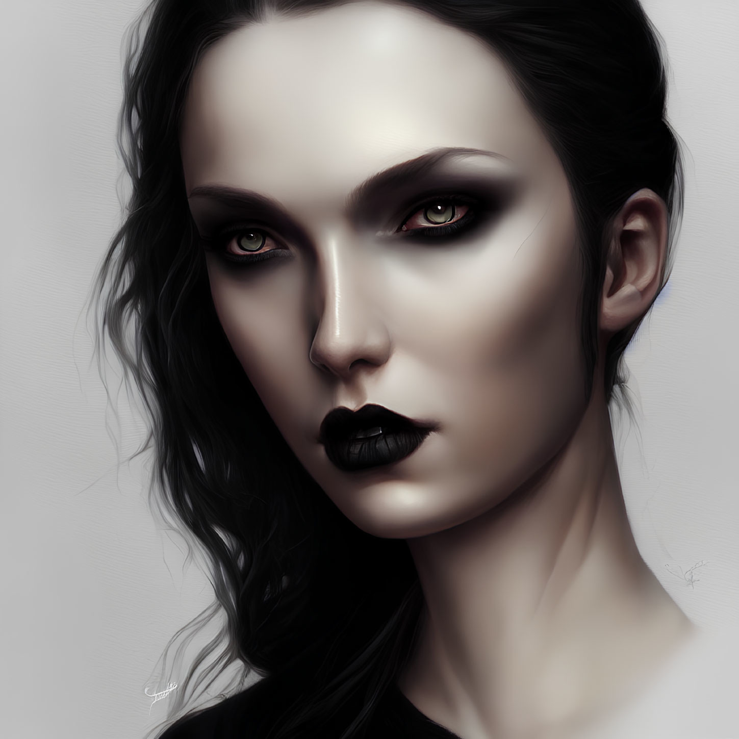 Portrait of woman with amber eyes, pale skin, dark lipstick, and wavy hair.