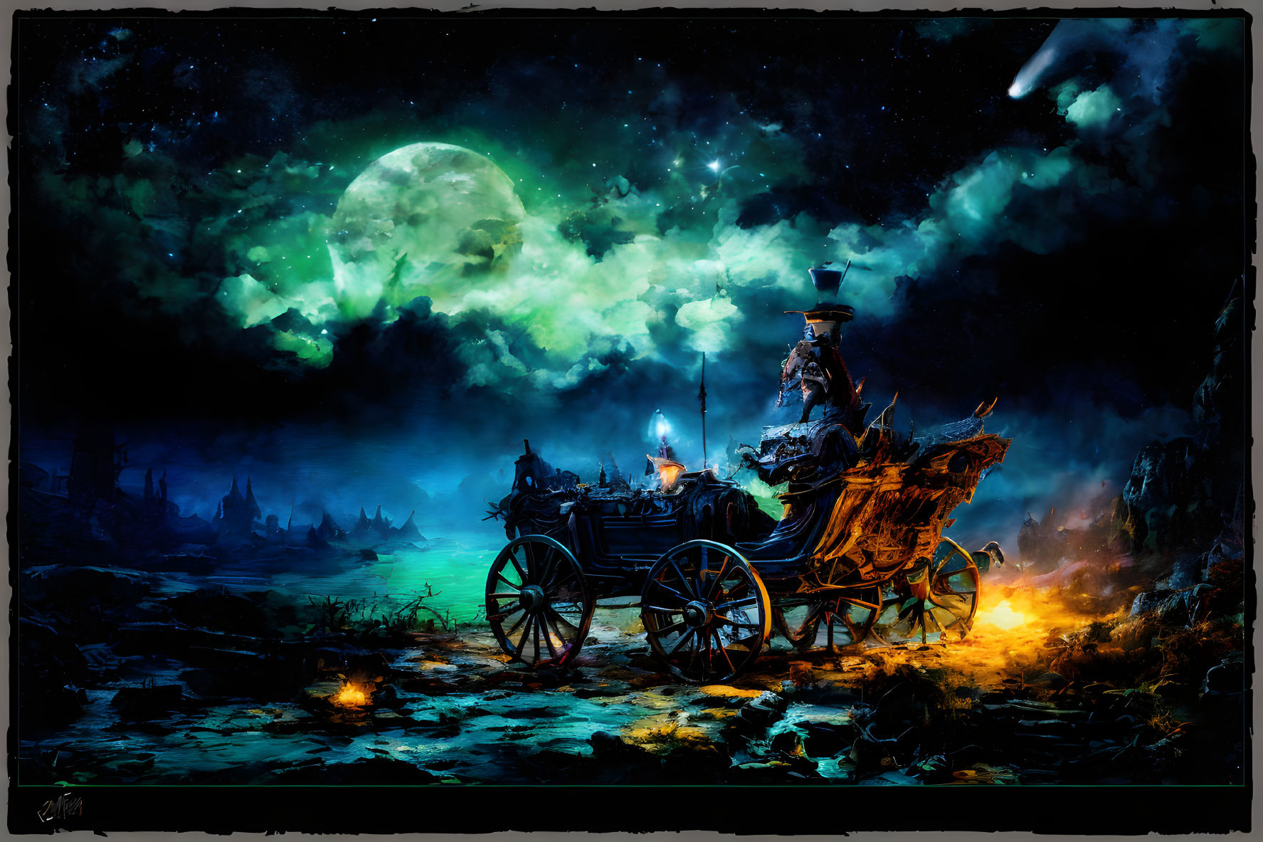 Moonlit night sky with horse-drawn carriage and ethereal green glow