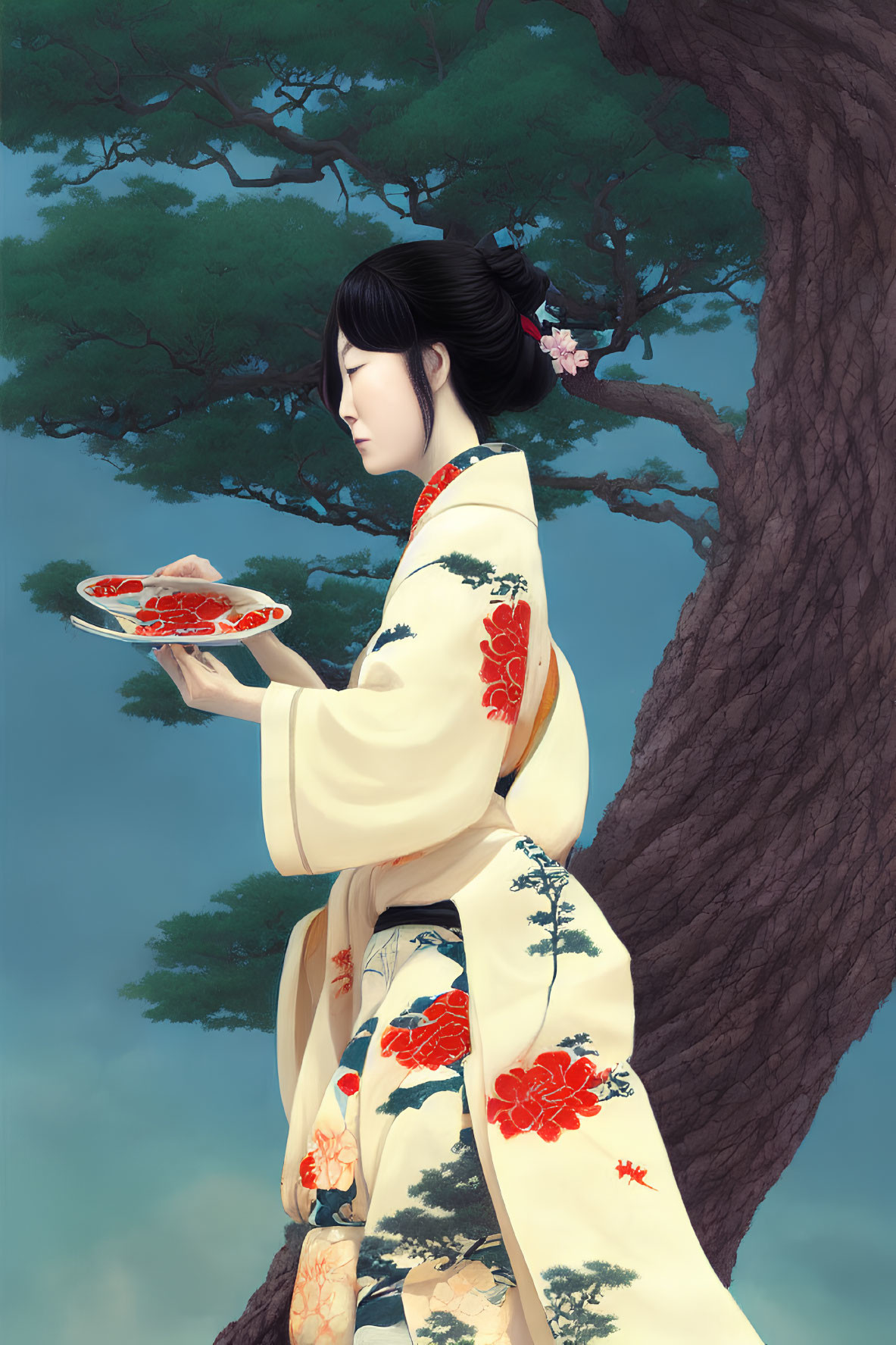 Woman in floral kimono holding sushi plate under large tree and blue sky