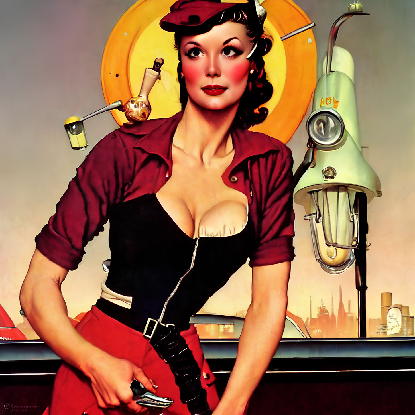 Vintage Style Illustration of Woman with Wrench and Industrial Machinery