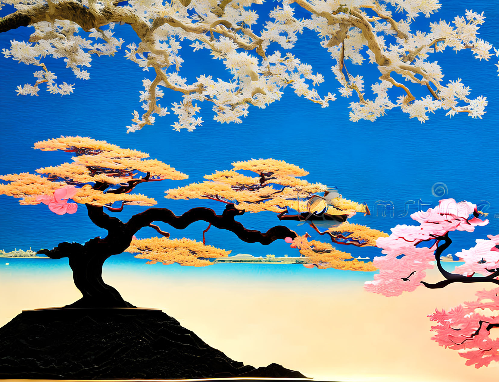 Colorful stylized landscape with golden bonsai trees, white leaves, blue sky, and pink shoreline