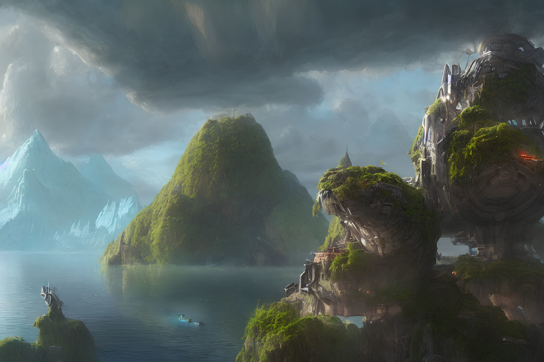 Fantastical landscape with green mountains, futuristic buildings, and serene lake