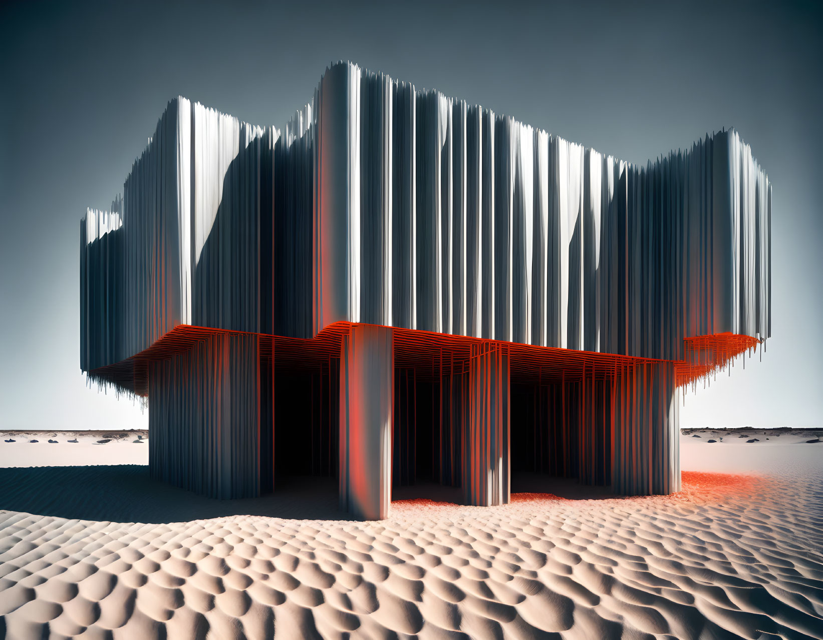 Futuristic surreal building in desert landscape