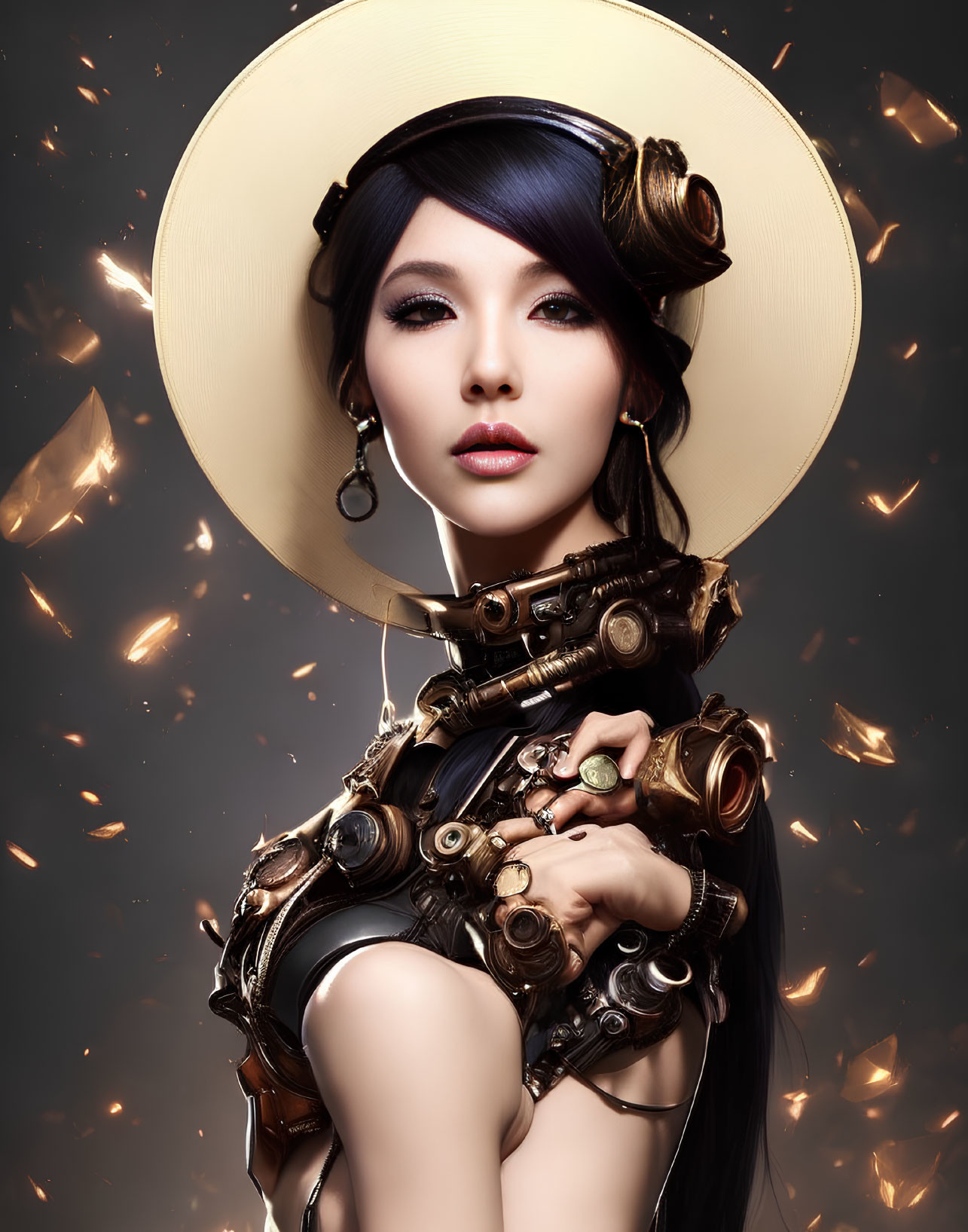 Futuristic steampunk woman in broad hat with metallic details poses amid floating embers