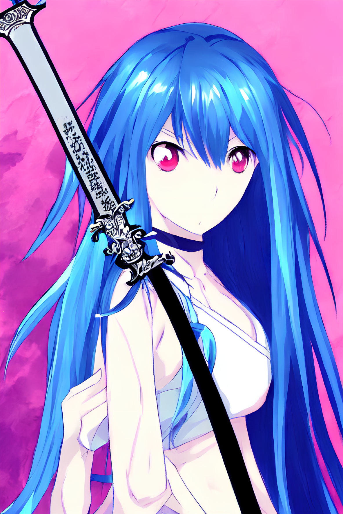 Blue-haired anime character with red eyes holding a detailed sword on pink backdrop