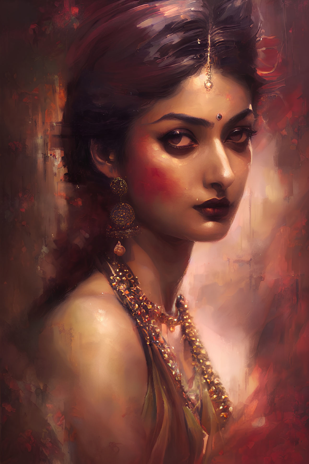 Traditional South Asian woman portrait with maang tikka and elegant jewelry on warm backdrop