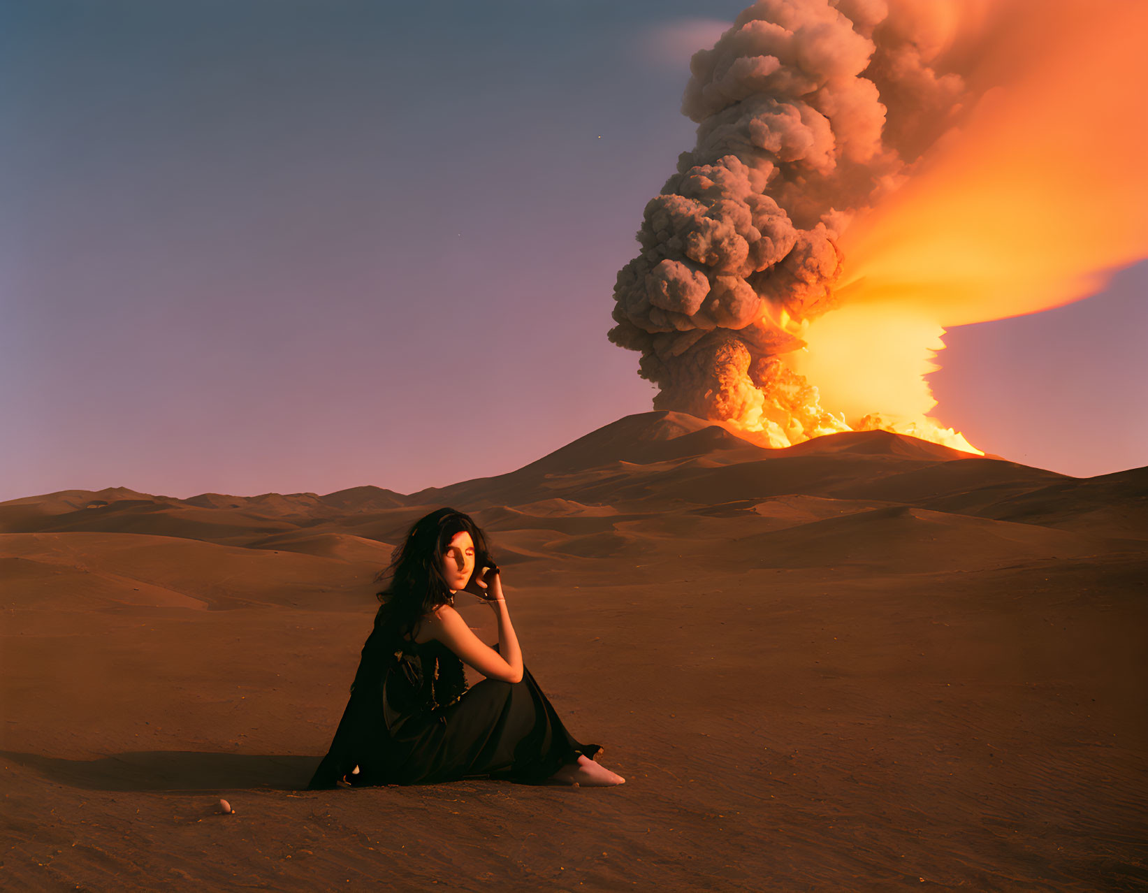 Person Contemplates Volcanic Eruption in Desert