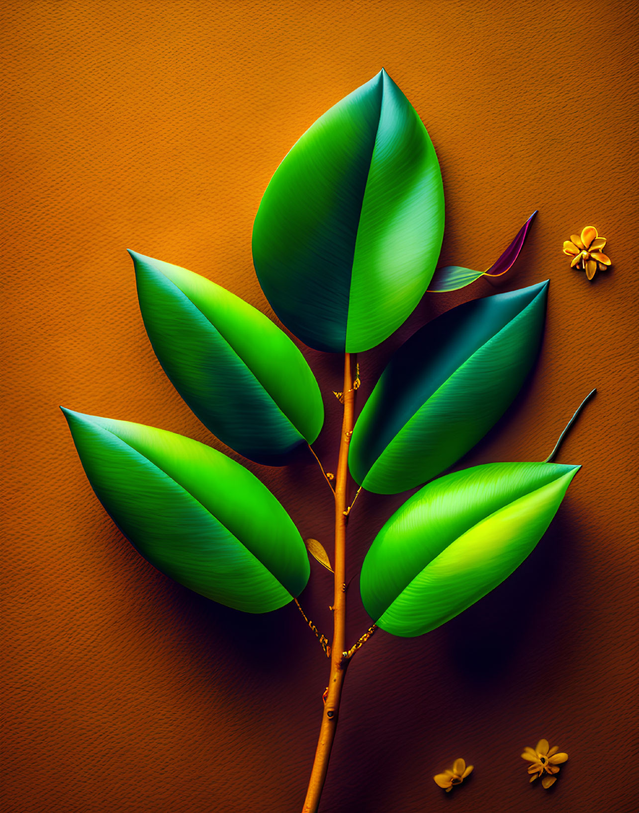 Colorful digital illustration of green plant with yellow flowers on textured orange backdrop