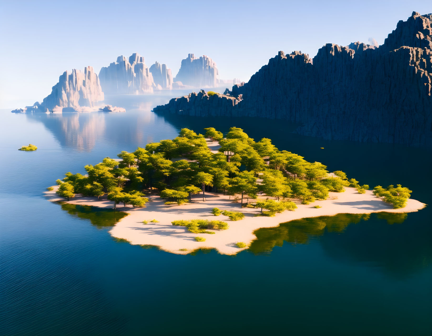 Tranquil island landscape with green trees, blue waters, and rocky mountains