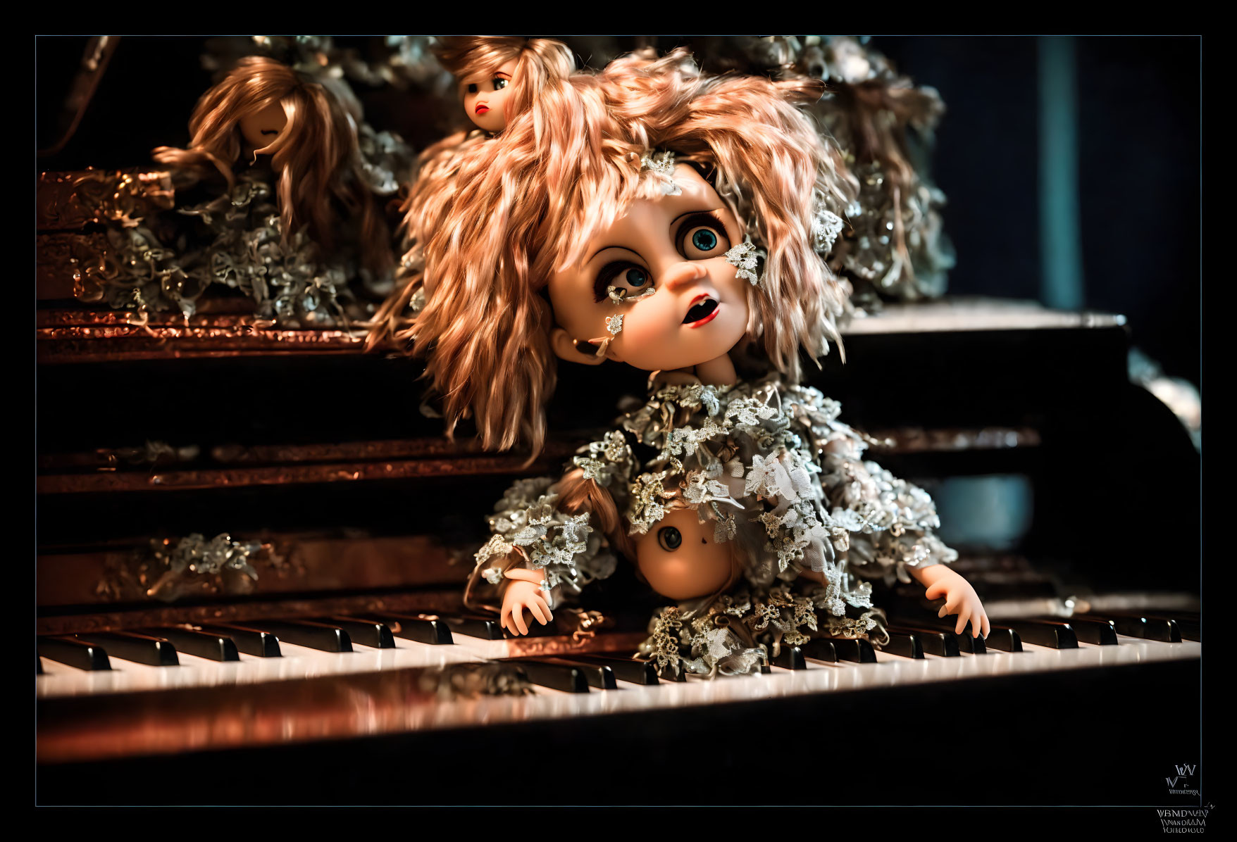 Exaggerated facial expression dolls in lavish gowns on piano keyboard