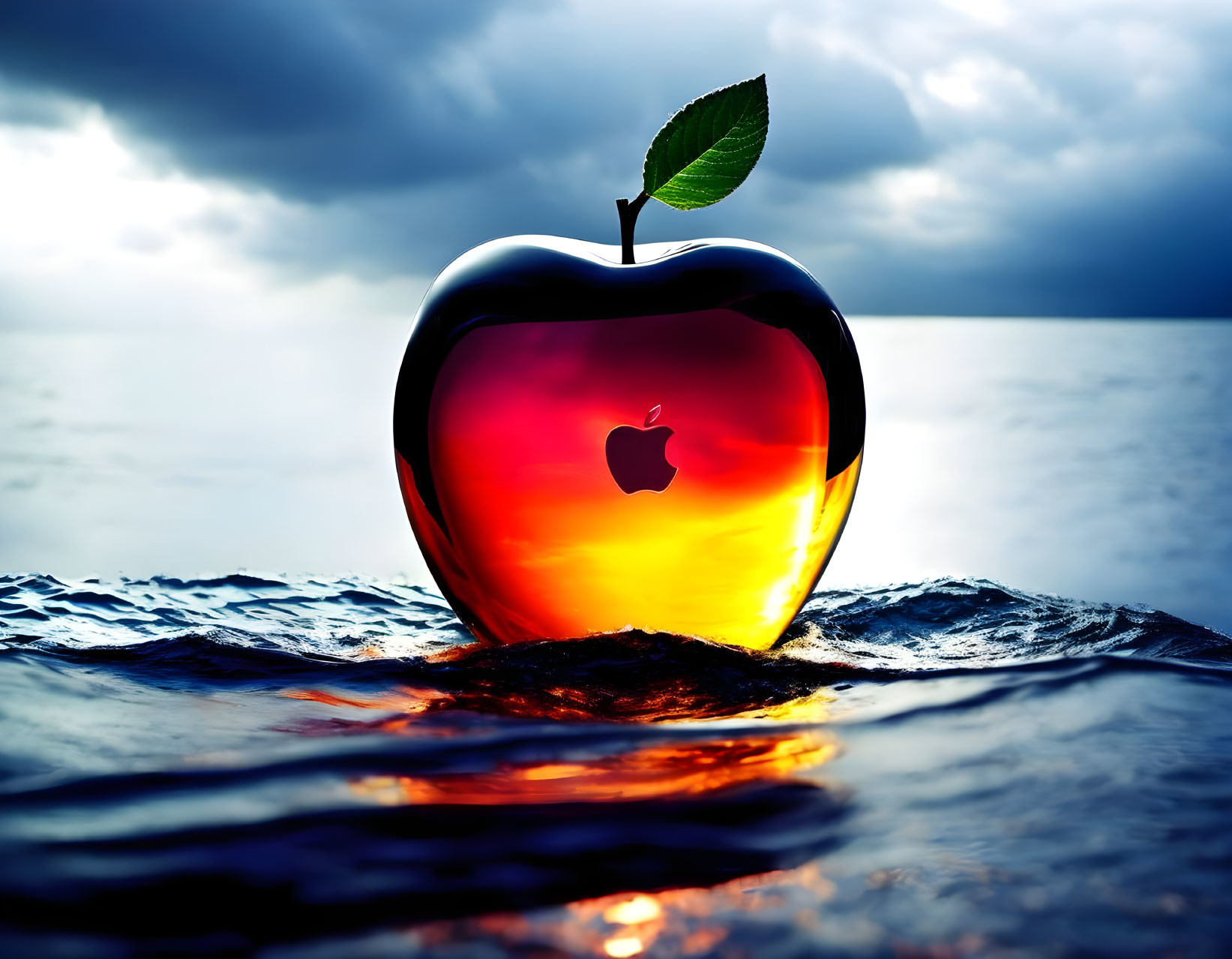 Red Apple with Leaf Floating on Water Against Dramatic Sky