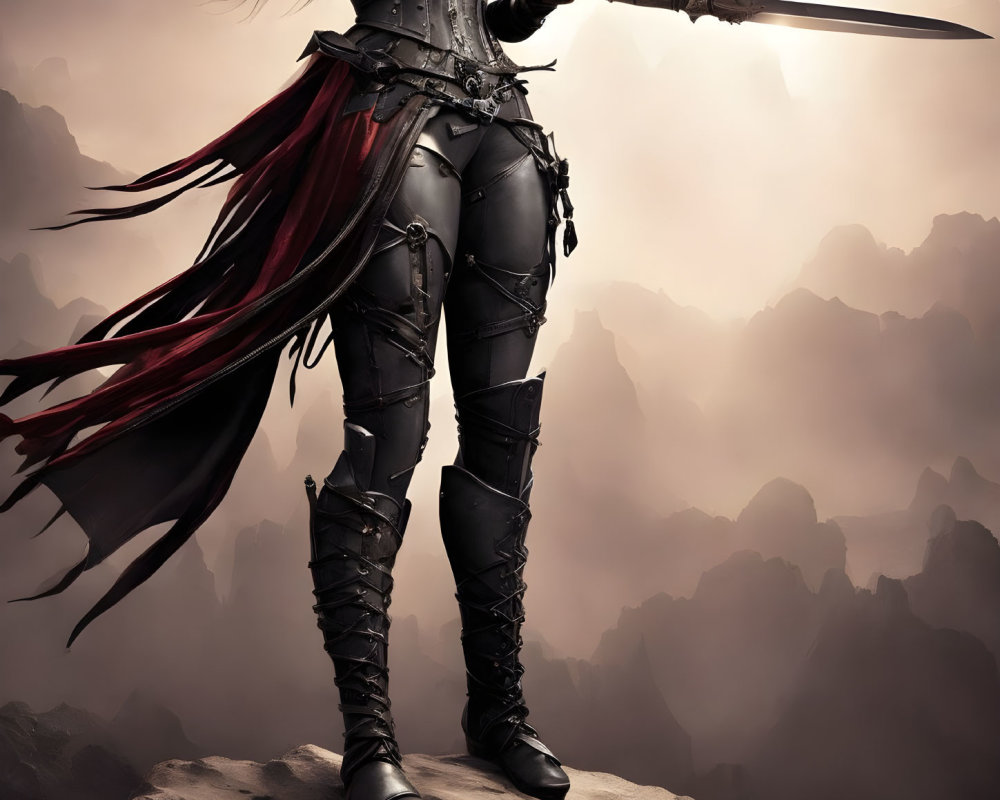 Armored warrior with sword and red cape on rocky mountain - Misty backdrop