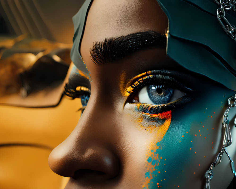 Person with Vibrant Yellow and Blue Eye Makeup, Brow Art, Headscarf, and Chain Accessories