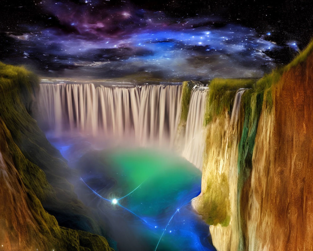 Expansive waterfall cascades into misty basin under starry sky