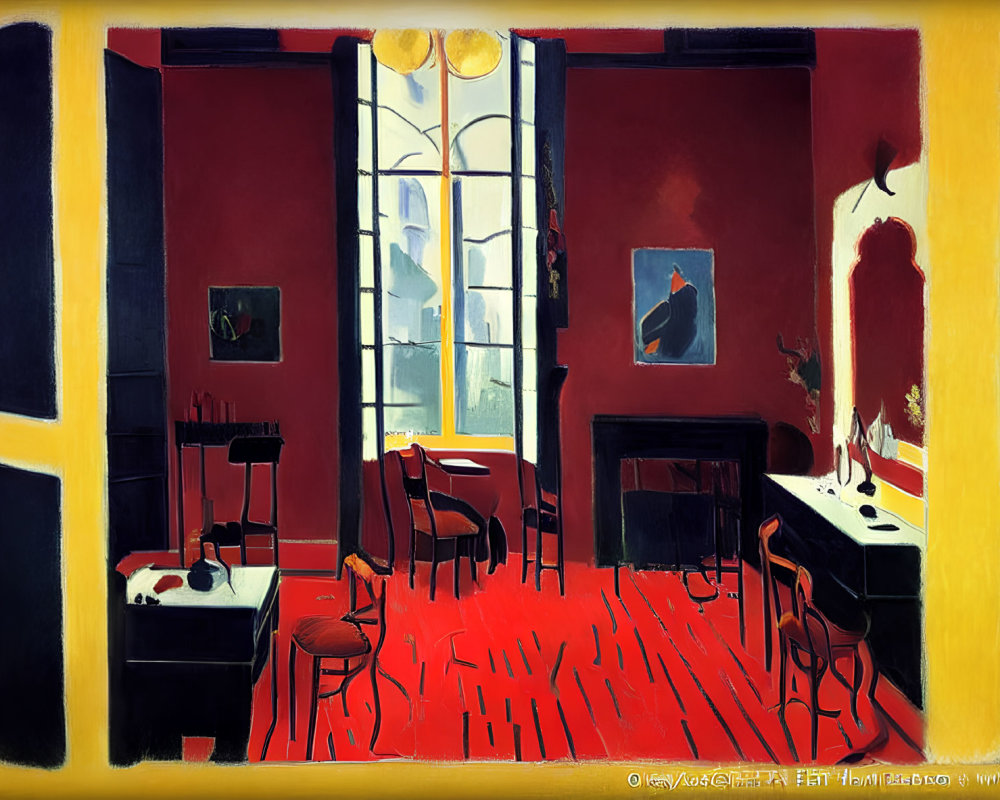 Stylized red room with black and yellow border, dining furniture, artworks, and open window.