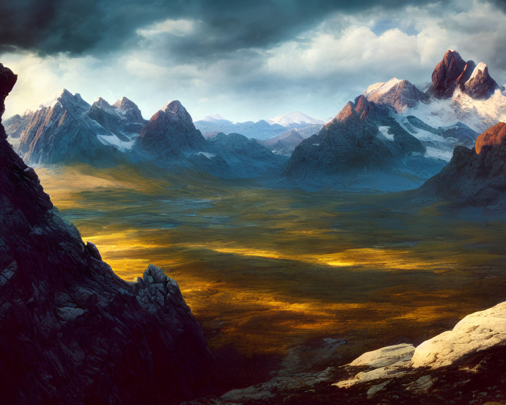 Panoramic landscape: rugged mountain peaks, dramatic cloudy sky, grassy valley in golden light