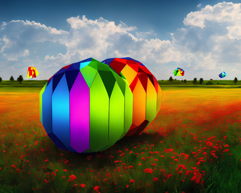 Colorful 3D gemstone shape among red poppies and kites in blue sky