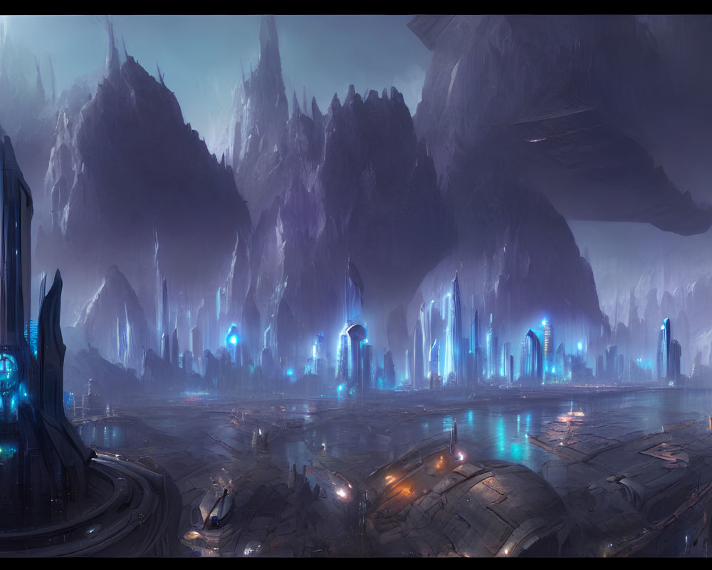 Futuristic cityscape with towering spires and glowing lights against mountain backdrop