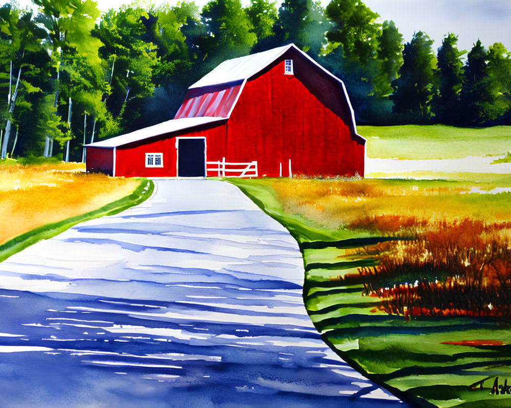 Colorful Watercolor Painting of Red Barn, White Fence, and Curving Road