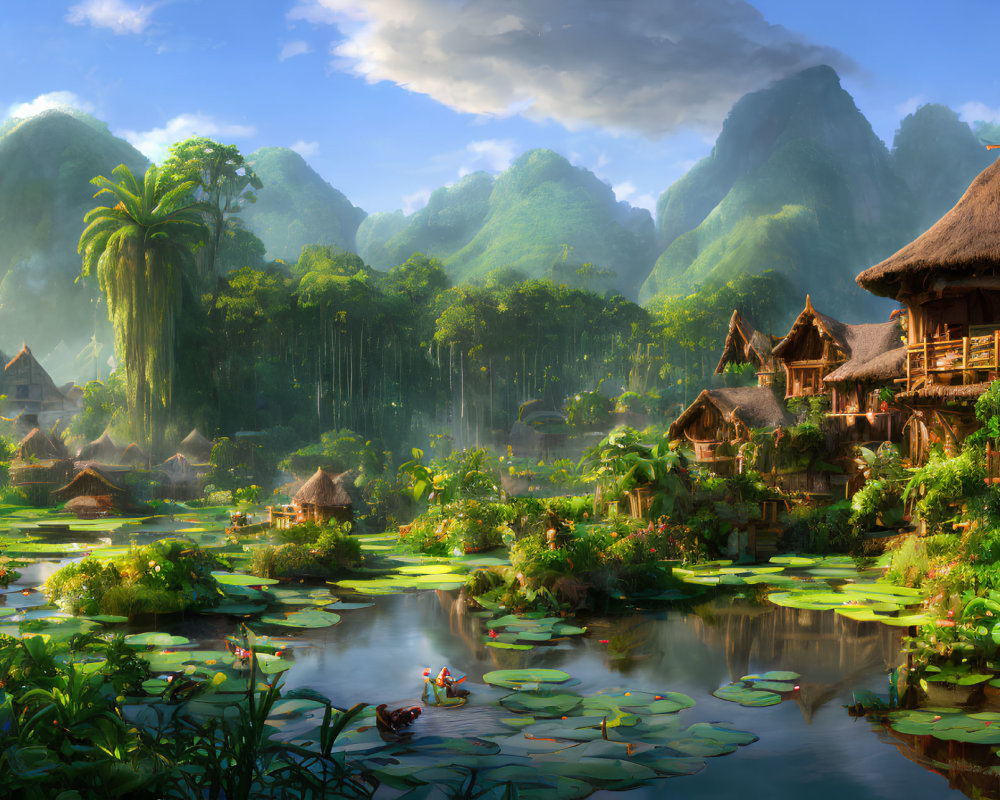 Tranquil landscape with thatched-roof houses, lush mountains, river, and boat.