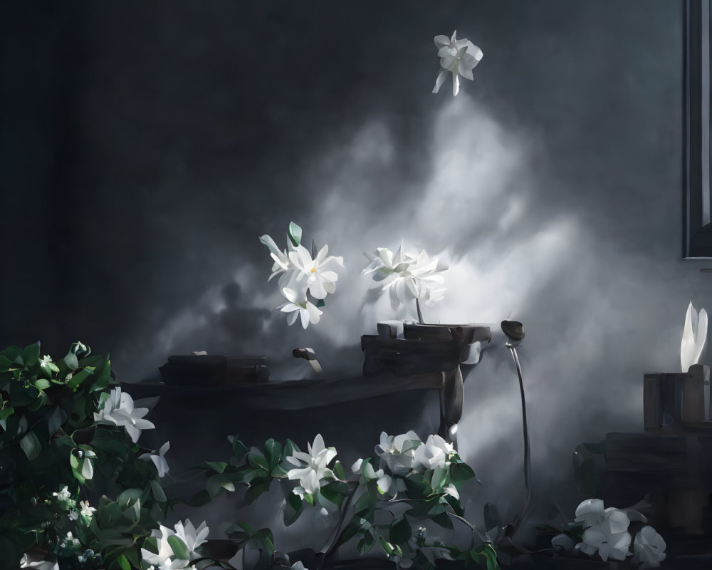 Tranquil white lilies on wooden surface in soft light