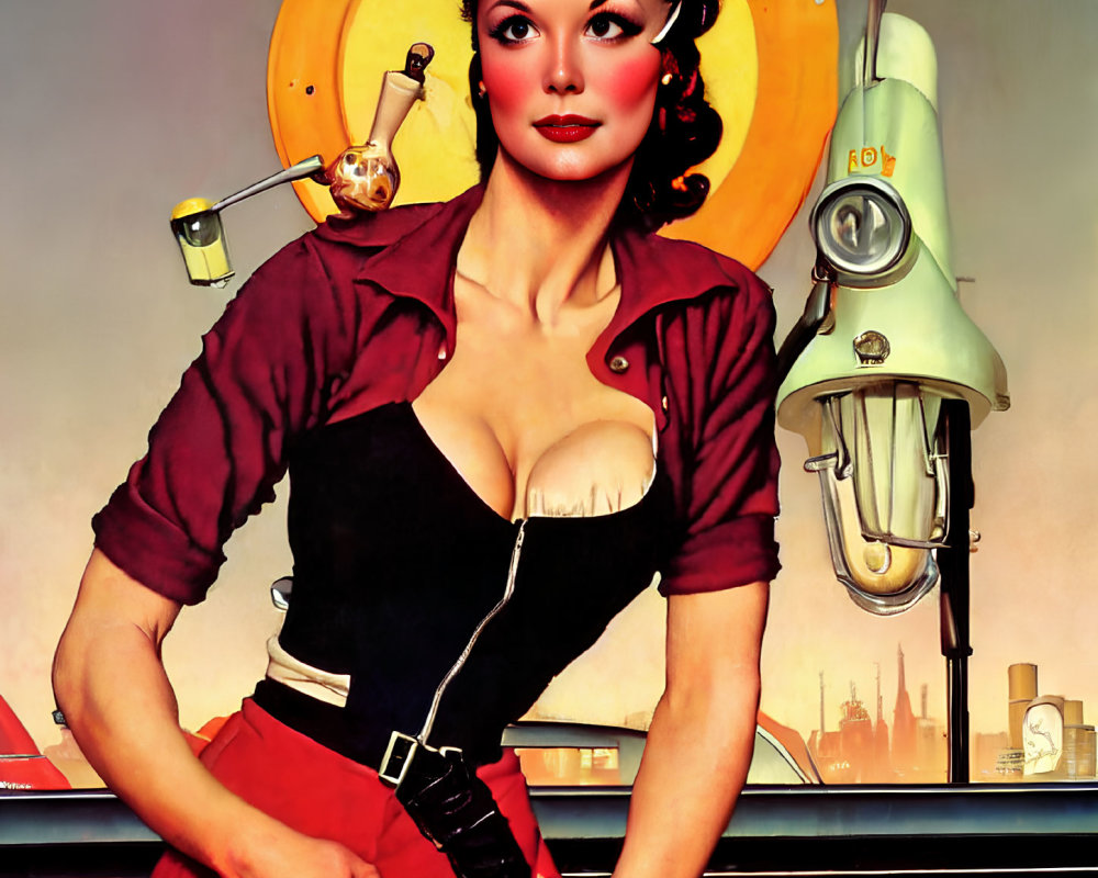 Vintage Style Illustration of Woman with Wrench and Industrial Machinery