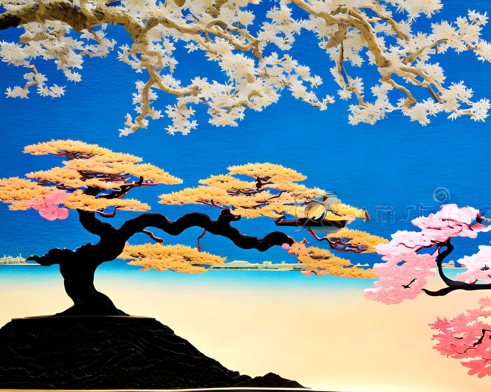 Colorful stylized landscape with golden bonsai trees, white leaves, blue sky, and pink shoreline