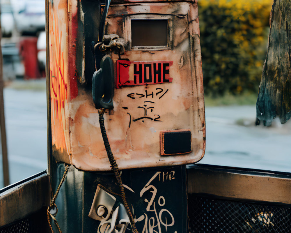 Vandalized payphone with graffiti and dangling handset in public booth