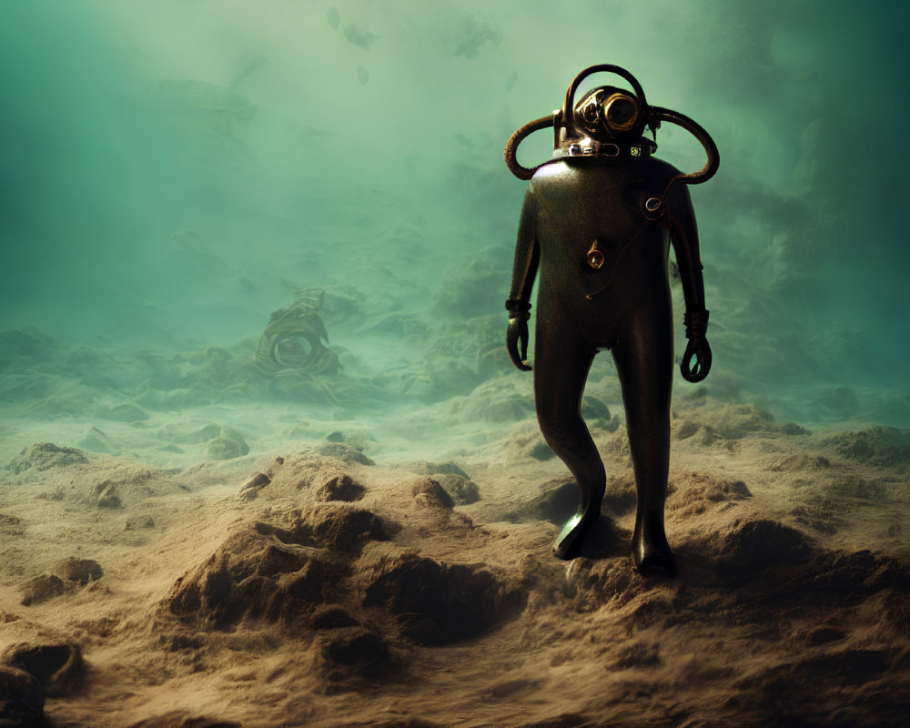 Vintage deep-sea diver in brass helmet on ocean floor among rocks.