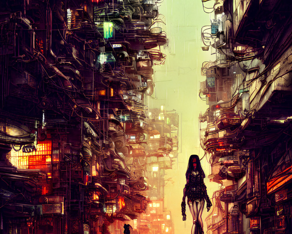 Figure in rain-soaked dystopian city alley with towering structures and neon lights