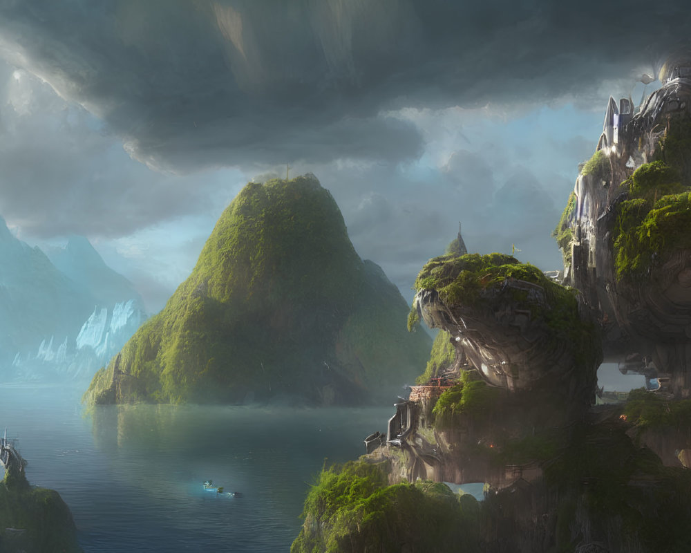 Fantastical landscape with green mountains, futuristic buildings, and serene lake