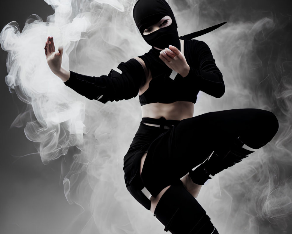 Mysterious Ninja in Black Attire Strikes Martial Arts Pose