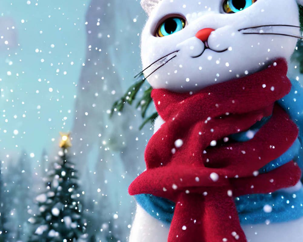 White Cat with Blue Eyes in Snowy 3D Animation