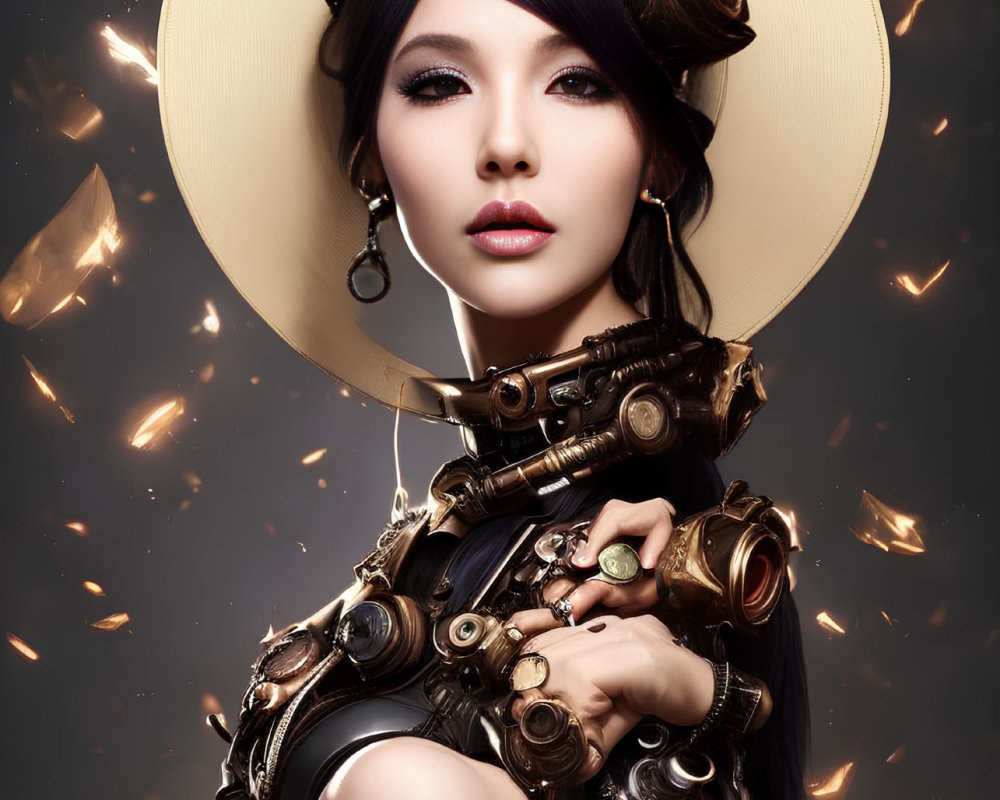 Futuristic steampunk woman in broad hat with metallic details poses amid floating embers