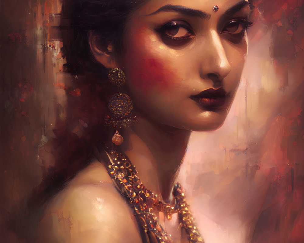 Traditional South Asian woman portrait with maang tikka and elegant jewelry on warm backdrop