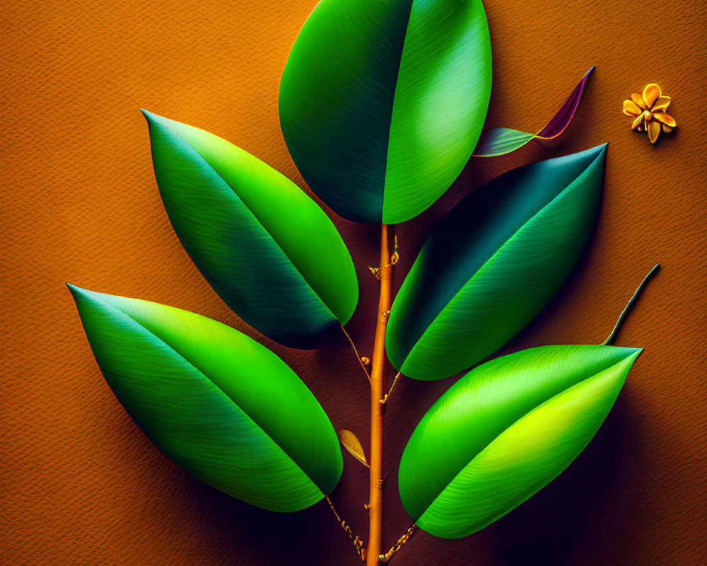 Colorful digital illustration of green plant with yellow flowers on textured orange backdrop