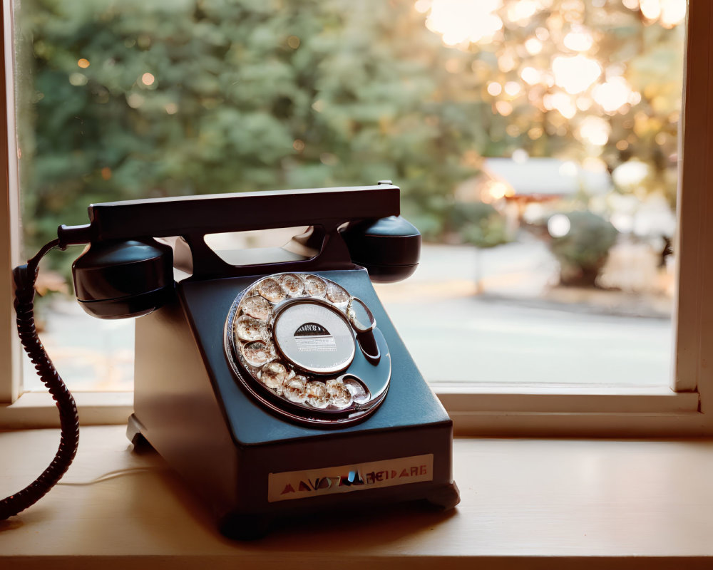 Vintage Rotary Telephone on Windowsill with Natural Light and Tree View