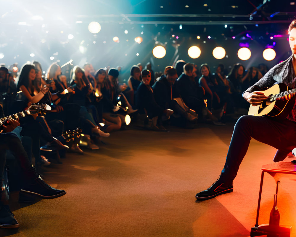 Live acoustic guitar performance under warm stage lights