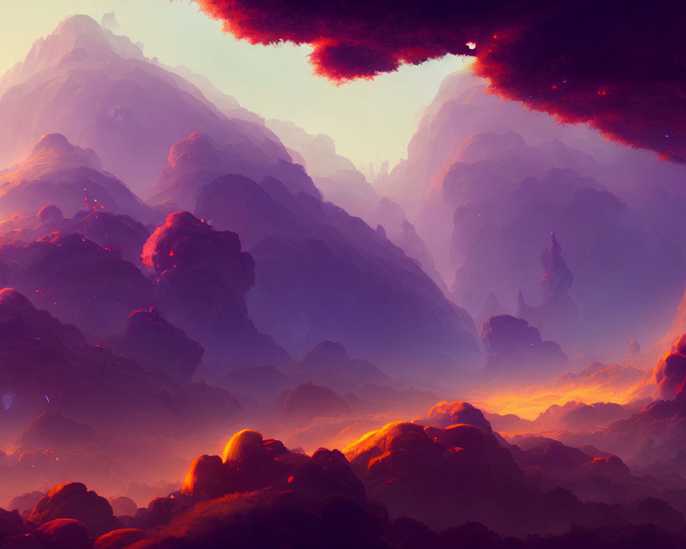 Fantastical landscape with towering mountains under crimson sky