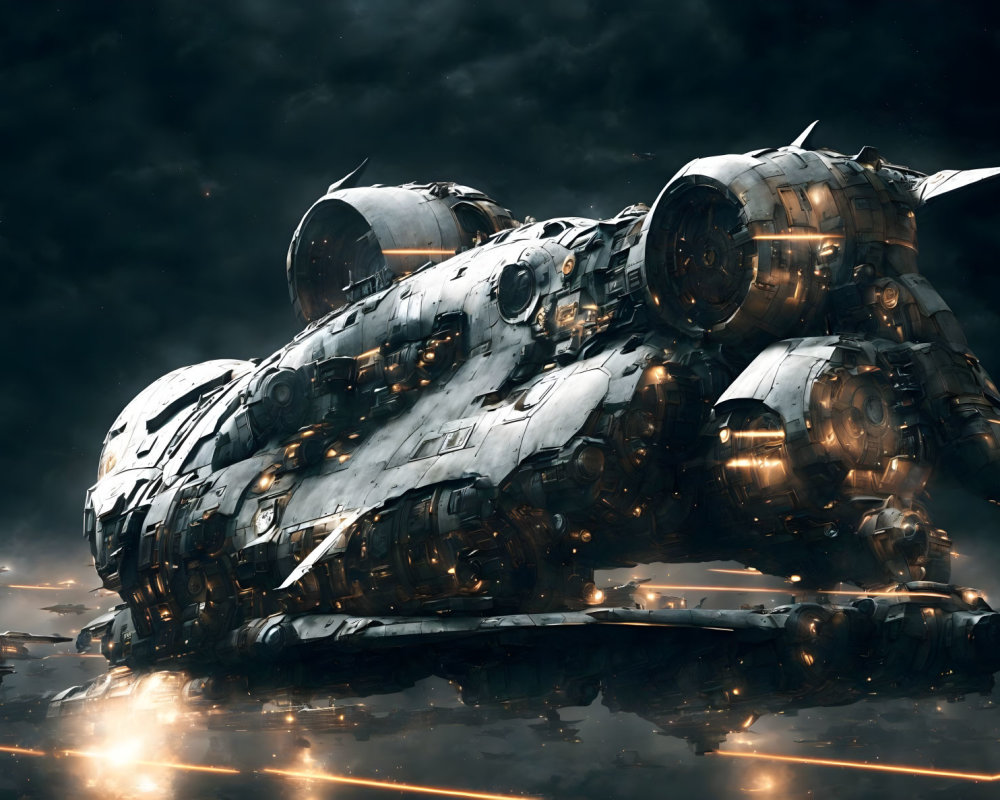 Large battle-worn spaceship in futuristic style against dark, cloudy backdrop