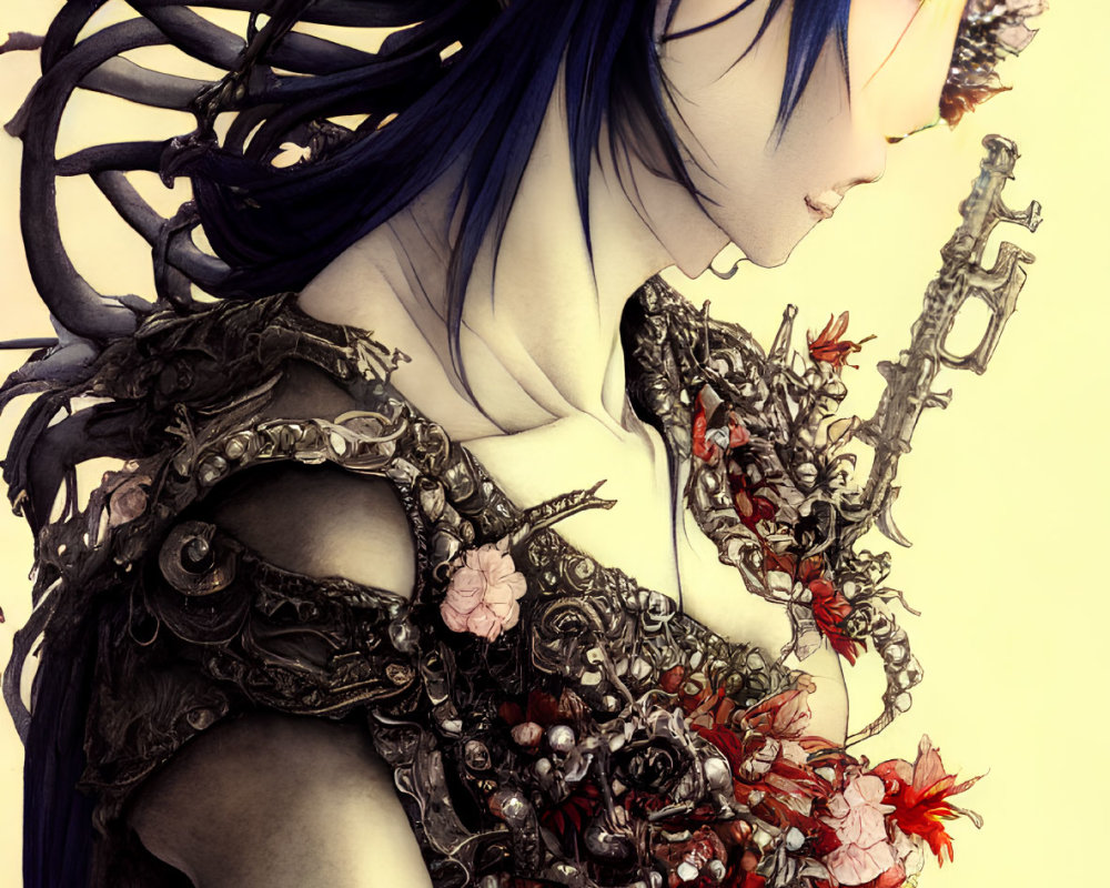 Detailed Artwork: Person with Blue Hair in Ornate Floral and Metallic Armor