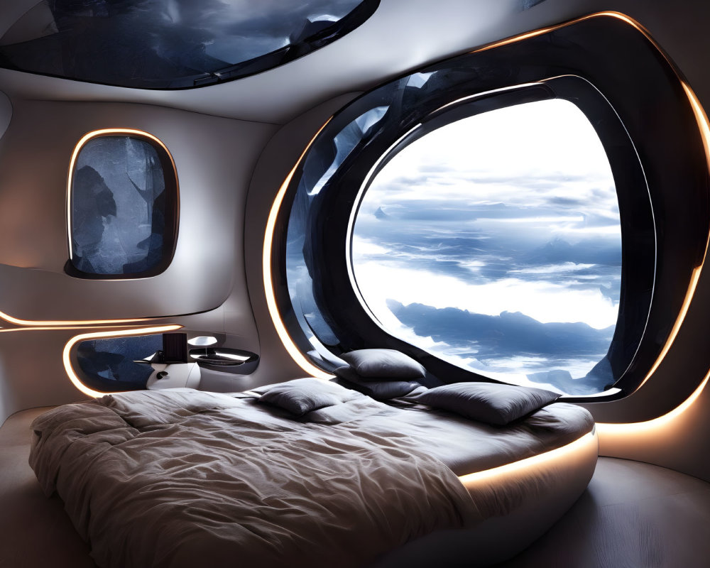 Modern Bedroom with Large Bed and Circular Windows in Futuristic Design