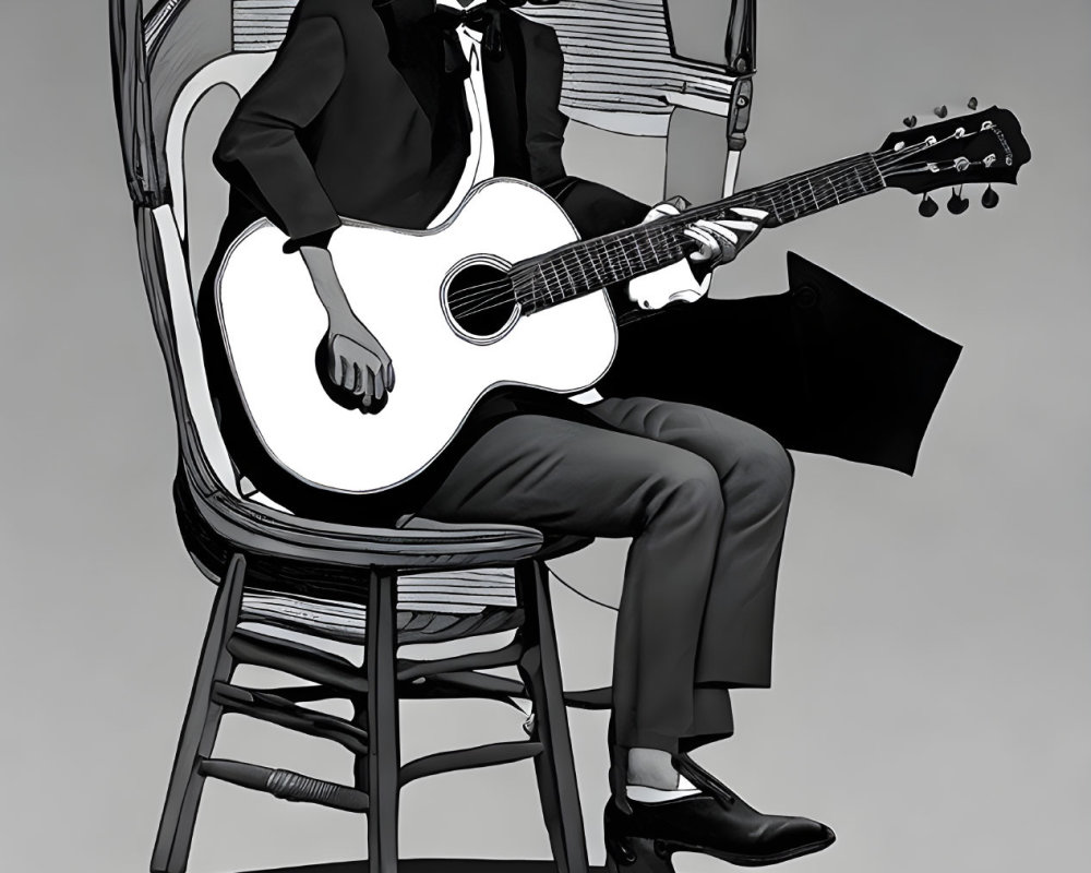 Monochrome illustration of man in suit playing guitar on unique chair