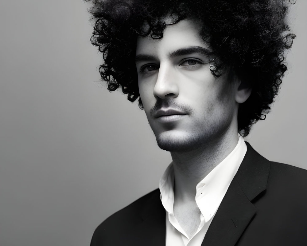 Monochrome portrait of a man with curly hair in suit and white shirt