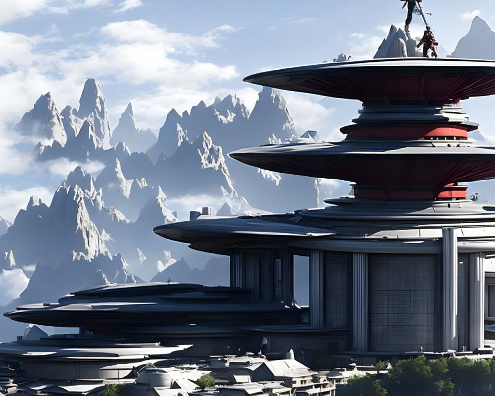 Futuristic city with circular structures in mountainous landscape