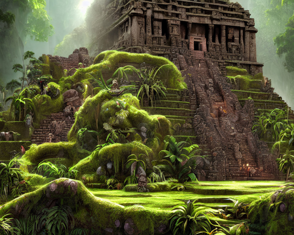 Ancient temple engulfed by lush jungle with sunlight filtering through.